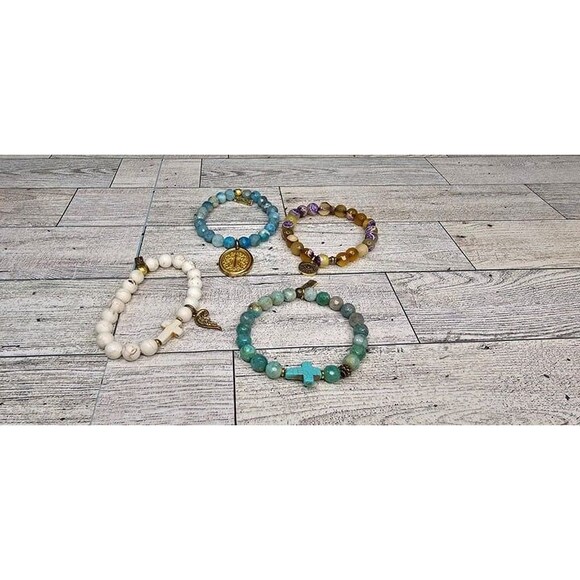 Lot of 4 Liv N Grace Stretch Bracelets Natural Stones Charms Cross Handmade - Picture 1 of 7